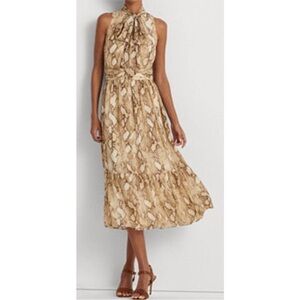 Lauren Ralph Lauren cream Brown creamSnake Print Dress tie neck size 2 XS